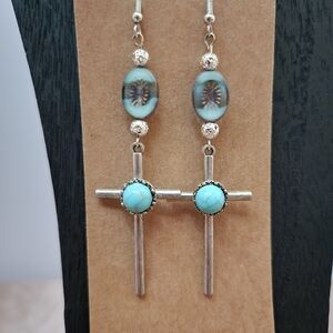 BrazenSoul Silver-tone & Turquoise Cross Drop Earrings